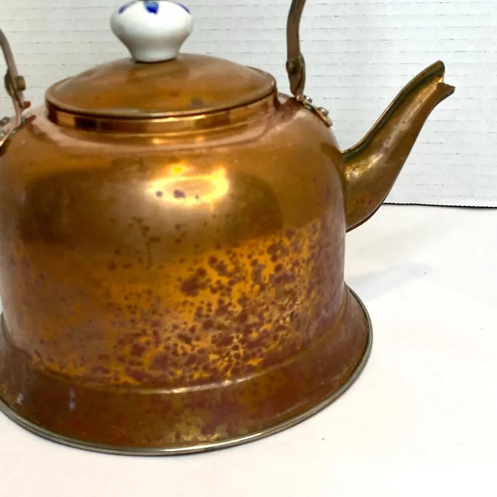 Vintage Copper Kettle with  Porcelain Handle and Lid